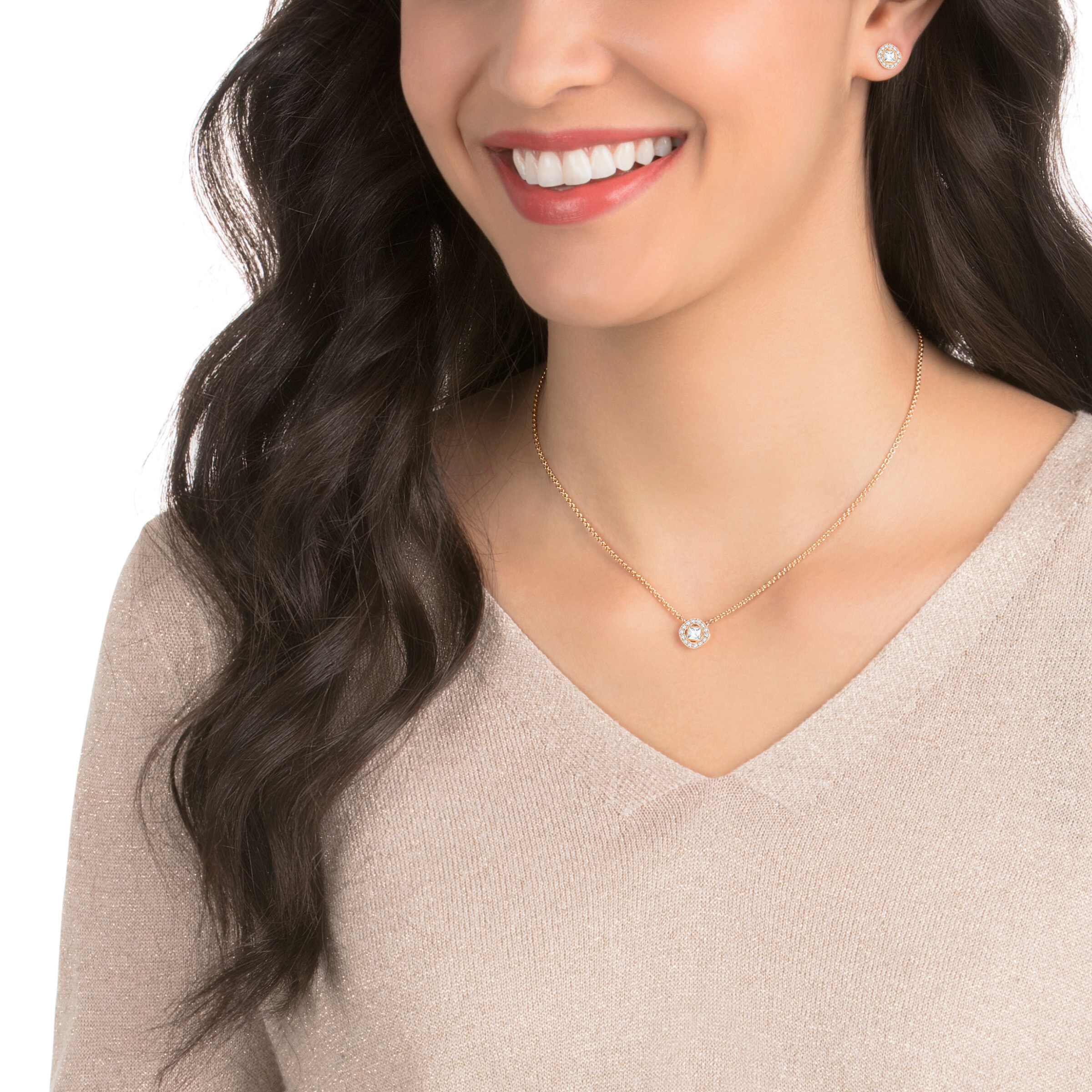 swarovski طقم una angelic، قطع مستدير، لون أبيض، طلاء باللون الذهبي الوردي