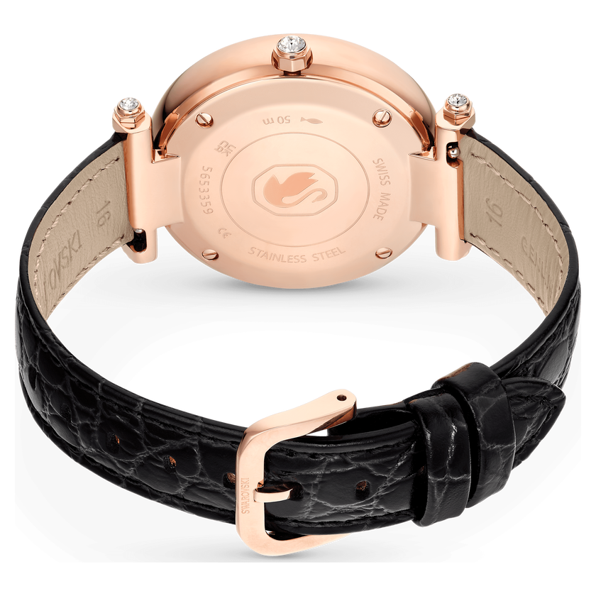 swarovski ساعة crystalline wonder، صناعة سويسرية، سوار جلد، لون أسود، لمسة نهائية بلون ذهبي وردي