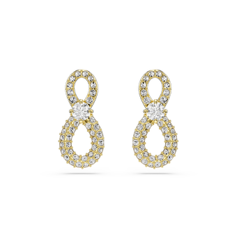 swarovski أقراط دبوسية hyperbola، قطع مستدير، أحجار كريستال صغيرة متراصة، شكل إنفينيتي، لون أبيض، طلاء باللون الذهبي