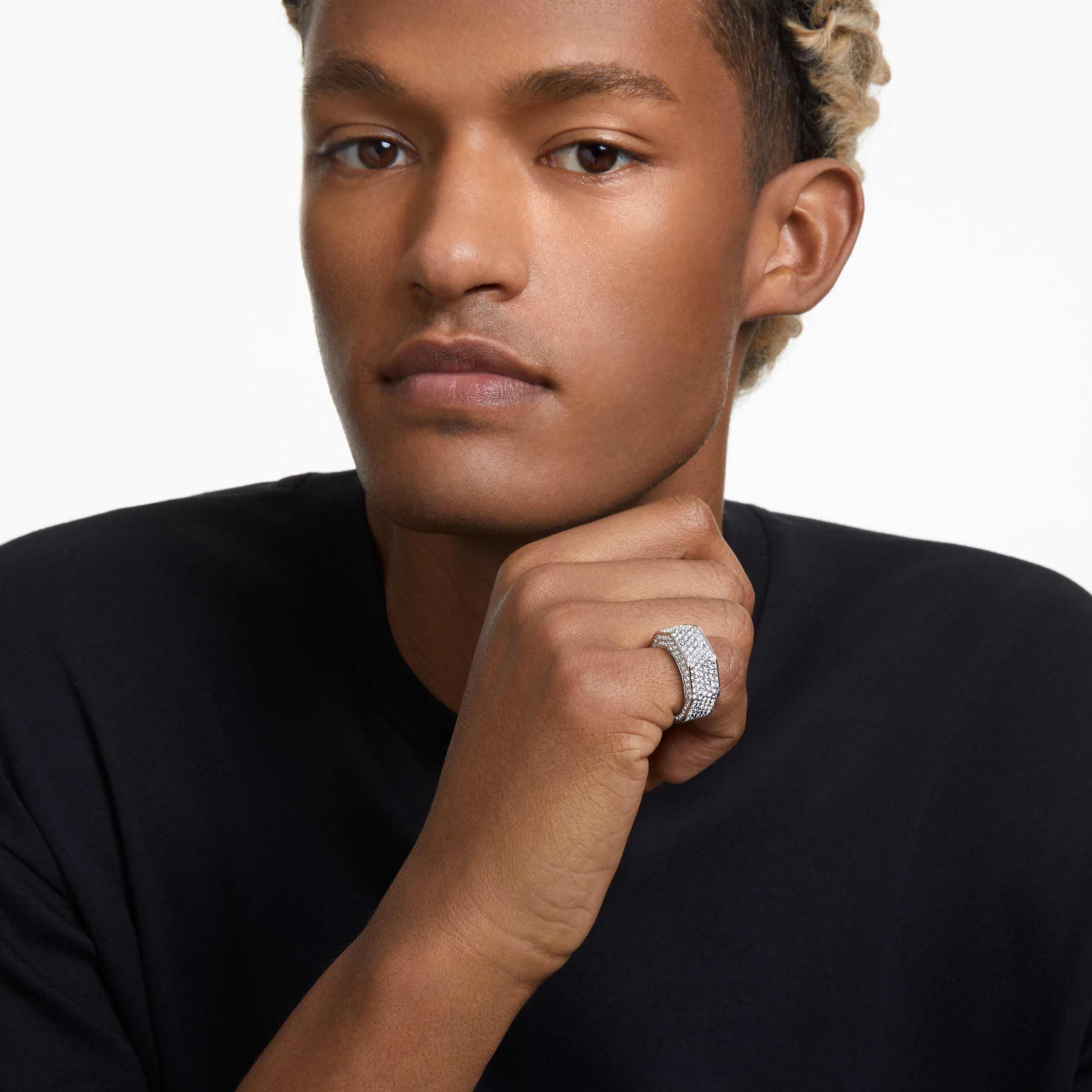 swarovski خاتم dextera، قطع مثمن، أحجار كريستال صغيرة متراصة، لون أبيض، طلاء روديوم