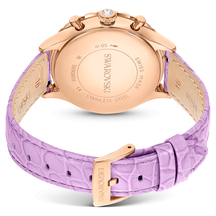 swarovski ساعة يد octea chrono، صناعة سويسرية، سوار جلد، لون أرجواني، لمسة نهائية باللون الذهبي الوردي