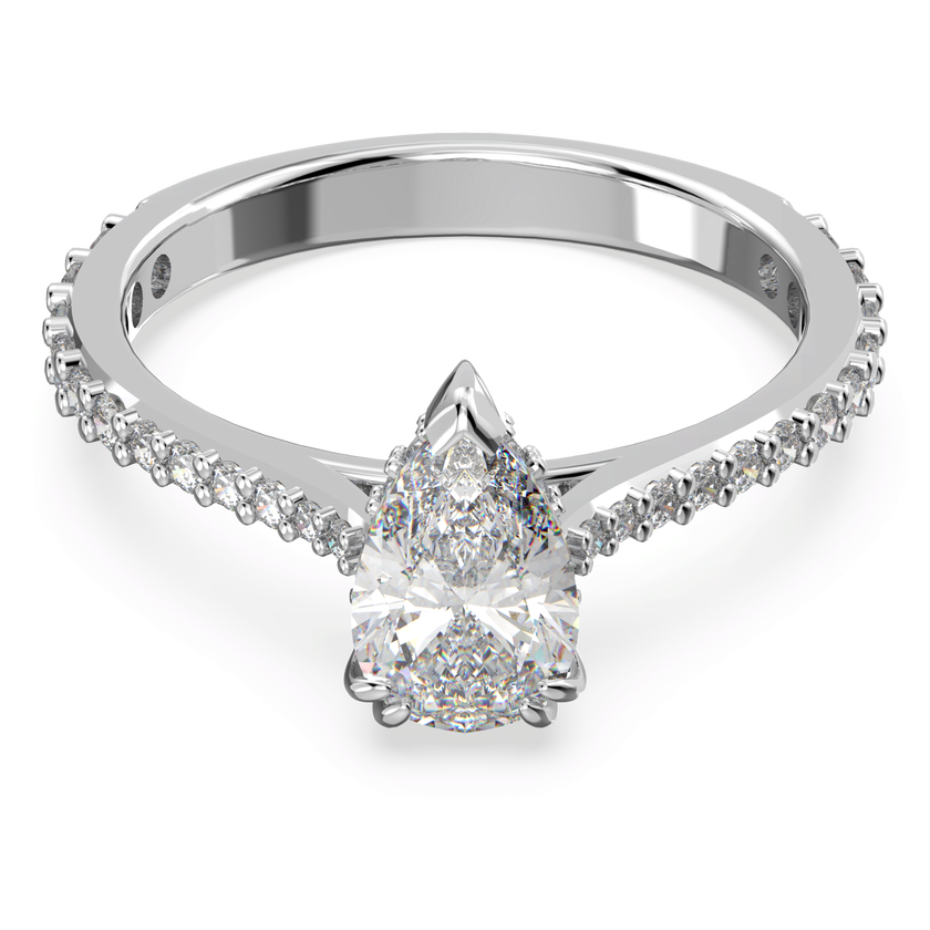 swarovski خاتم كوكتيل stilla، قطع على شكل كمثري، كريستالات متراصة، لون أبيض، طلاء روديوم