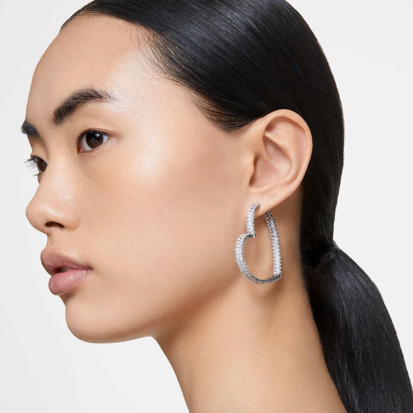 swarovski أقراط matrix حلقية، على شكل قلب، حجم كبير، لون أبيض، طلاء روديوم