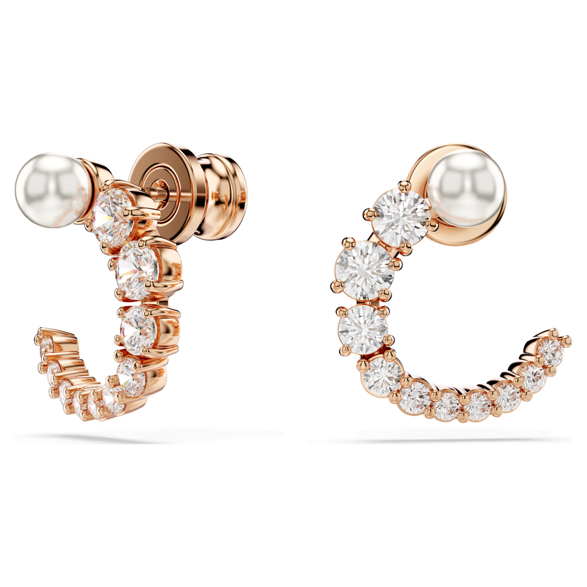 swarovski أقراط حلقية matrix، لؤلؤة كريستال، قطع مستدير، لون أبيض، طلاء باللون الذهبي الوردي