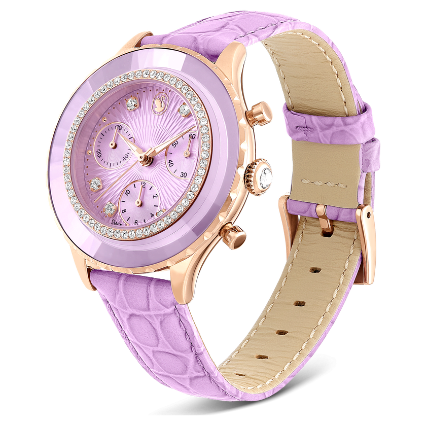 swarovski ساعة يد octea chrono، صناعة سويسرية، سوار جلد، لون أرجواني، لمسة نهائية باللون الذهبي الوردي