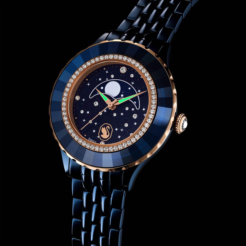 swarovski ساعة قمرية octea، سويسرية الصنع، سوار معدني، لون أزرق، لمسة نهائية باللون الأزرق
