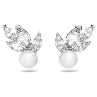 swarovski أقراط دبوسية louison مزينة بلؤلؤة، على شكل ورقة شجر، لون أبيض، طلاء روديوم