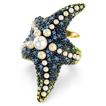 swarovski خاتم كوكتيل idyllia، لآلئ كريستال، شكل نجمة بحر، ألوان متعددة، طلاء بلون ذهبي