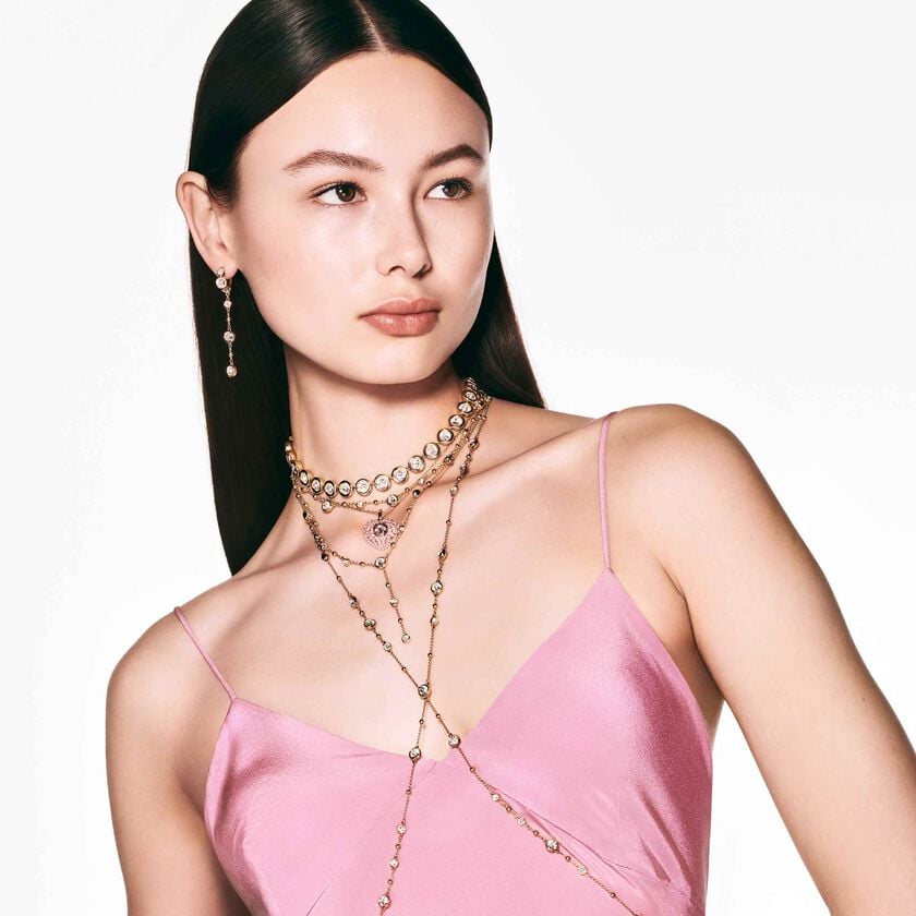 swarovski عقد imber على شكل حرف y، قطع مُستدير، تصميم متباين، لون أبيض، طلاء بلون ذهبي