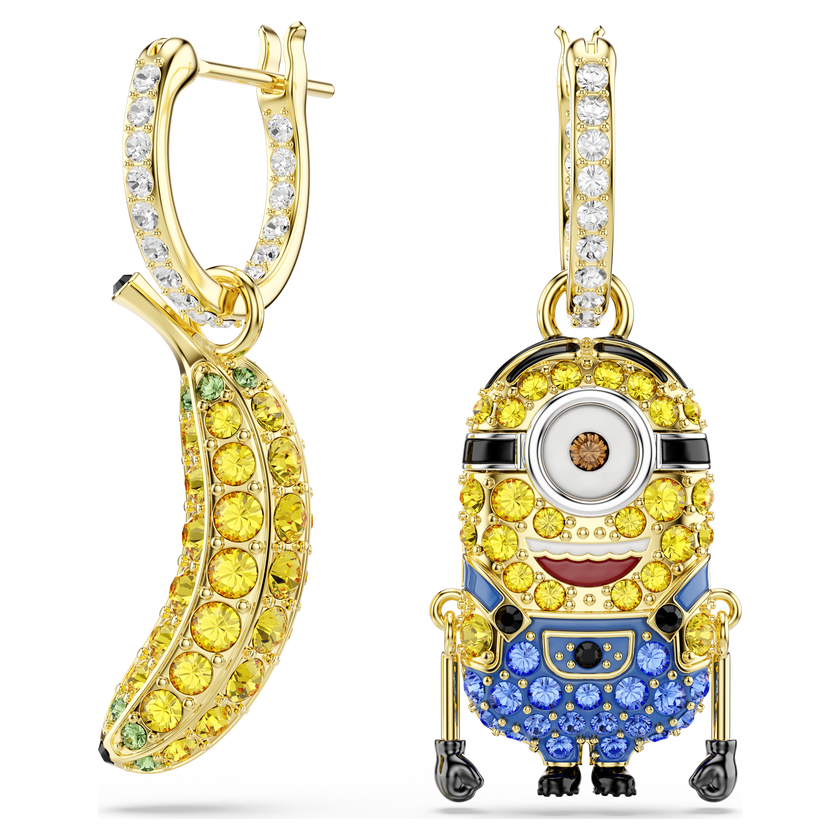 swarovski minions stuart and banana hoop earrings  pav   mini  multicolored  gold tone plated