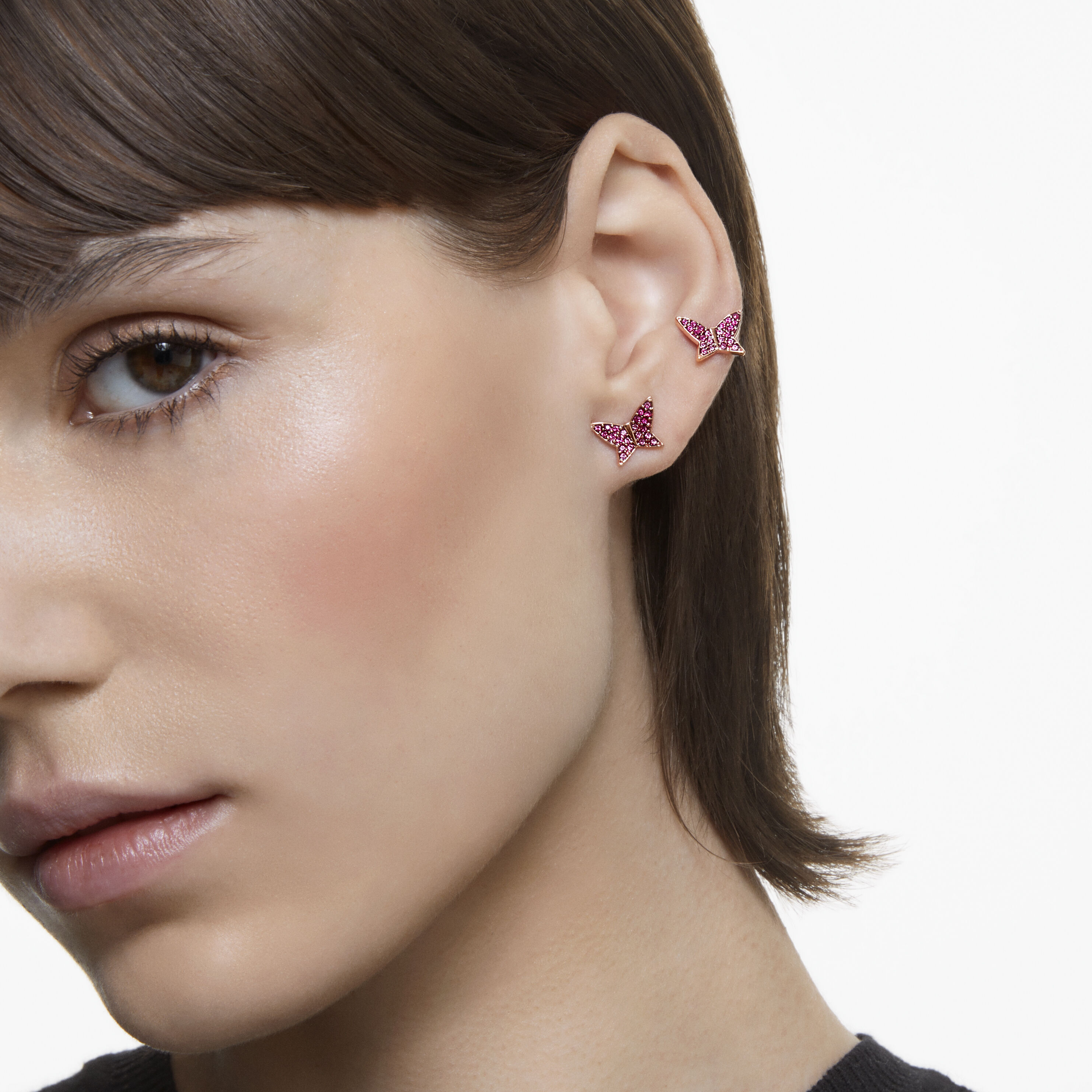 swarovski طقم lilia، مزين بفراشة، لون وردي، طلاء ذهبي وردي