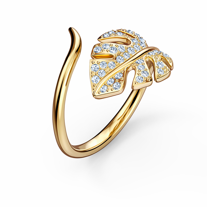 swarovski خاتم مفتوح على شكل ورقة شجر tropical، أبيض اللون، مطلي باللون الذهبي