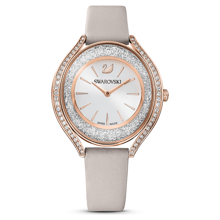 swarovski ساعة crystalline aura، صناعة سويسرية، حزام جلد، لون رمادي، لمسة نهائية بلون ذهبي وردي