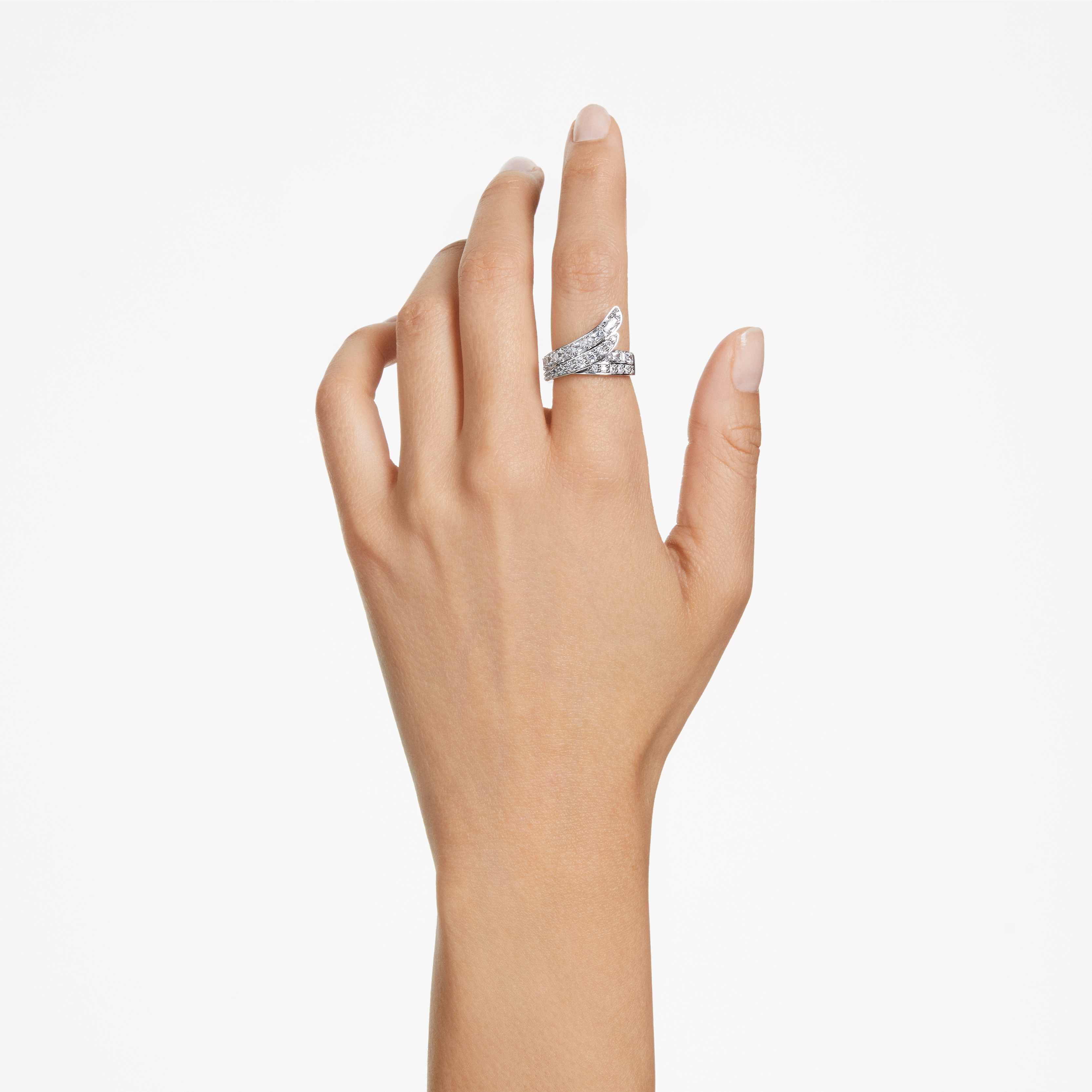 swarovski خاتم كوكتيل hyperbola، زركونيا محايدة الكربون، قطع متنوع، إطار مزدوج، لون أبيض، طلاء روديوم