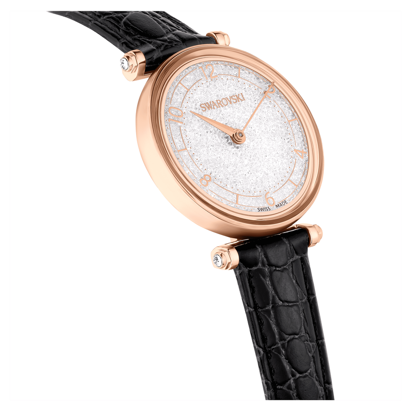 swarovski ساعة crystalline wonder، صناعة سويسرية، سوار جلد، لون أسود، لمسة نهائية بلون ذهبي وردي
