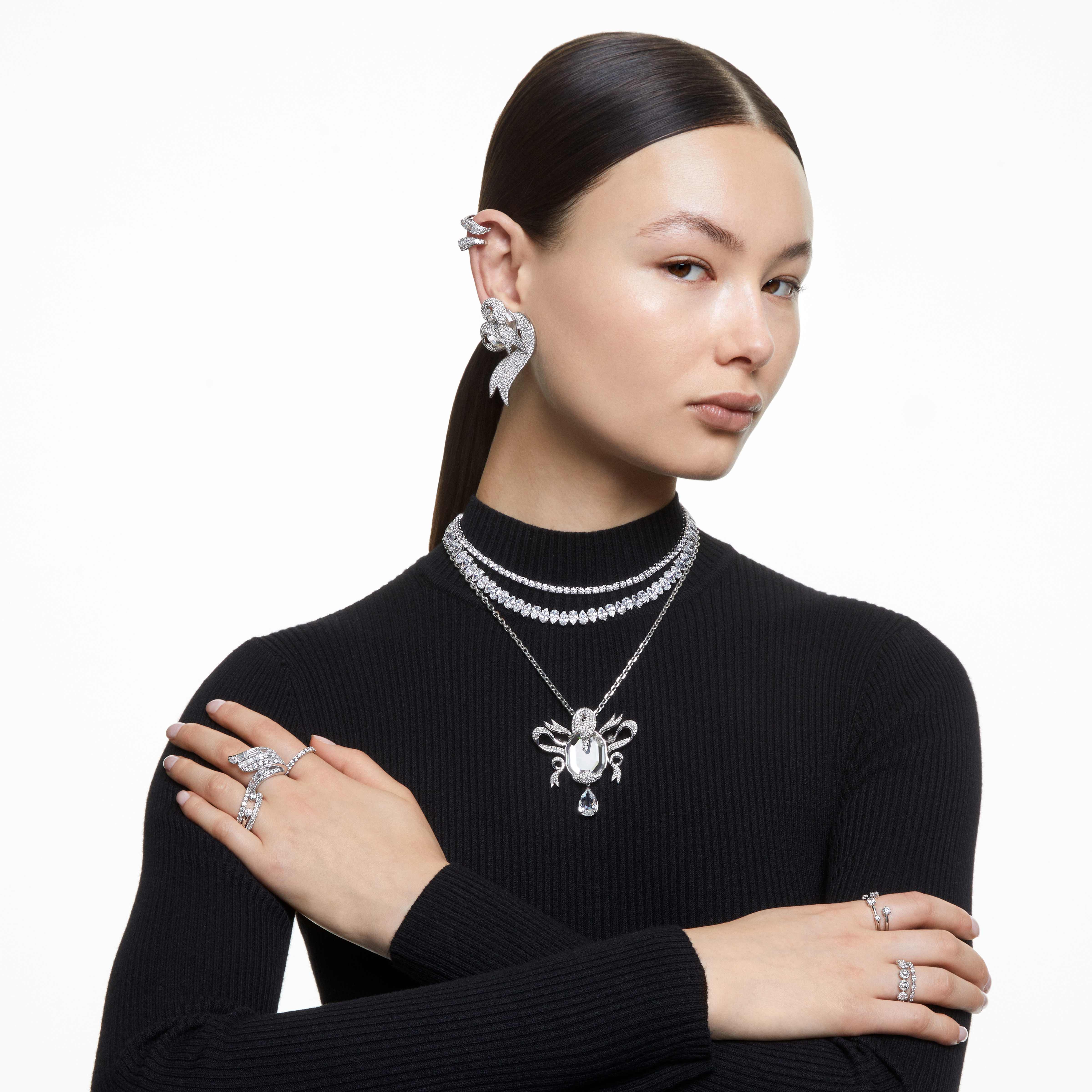 swarovski خاتم matrix vittore،   قطع مستدير، لون أبيض،  طلاء روديوم