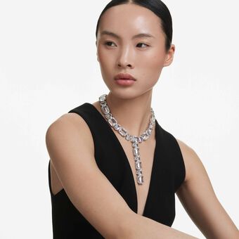 swarovski عقد millenia على شكل حرف y، قطع مثمن، لون أبيض، طلاء روديوم