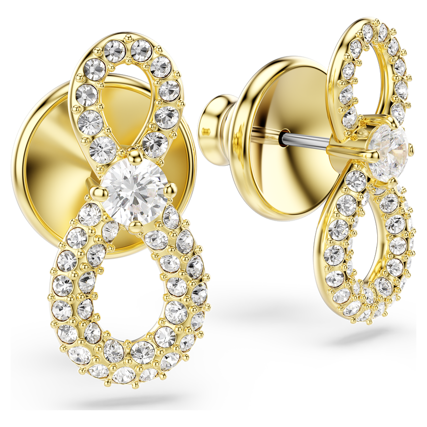 swarovski أقراط دبوسية hyperbola، قطع مُستدير، ترصيع بافيه، شكل لا نهاية، لون أبيض، لمسة نهائية من الذهب عيار 18 قيراط