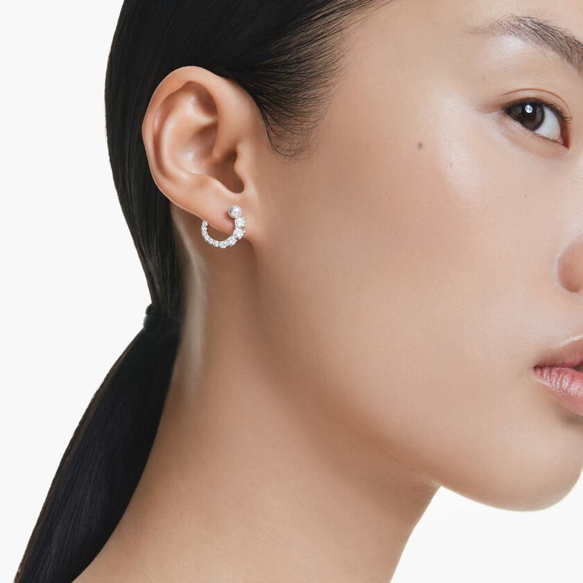 swarovski أقراط حلقية matrix، لؤلؤة كريستال، قطع مستدير، لون أبيض، طلاء روديوم