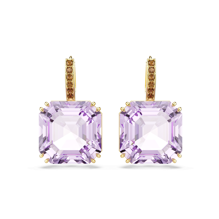 swarovski أقراط متدلية millenia، قطع مربع، لون أرجواني، لمسة نهائية من الذهب عيار 18 قيراط