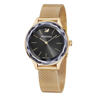 swarovski ساعة octea nova ،  سوار  معدني  شبكي،  لون أسود، طلاء ذهبي وردي