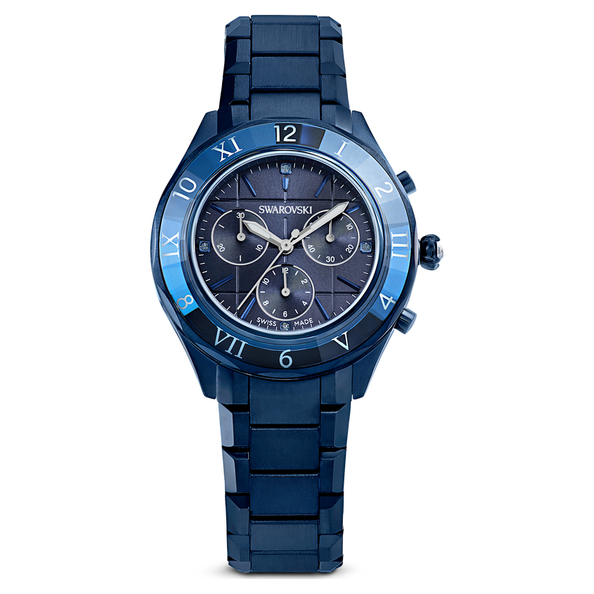 swarovski ساعة كرونوغراف dextera، قطر 39 ملم، صناعة سويسرية، سوار معدني، لون أزرق، لمسة نهائية باللون الأزرق
