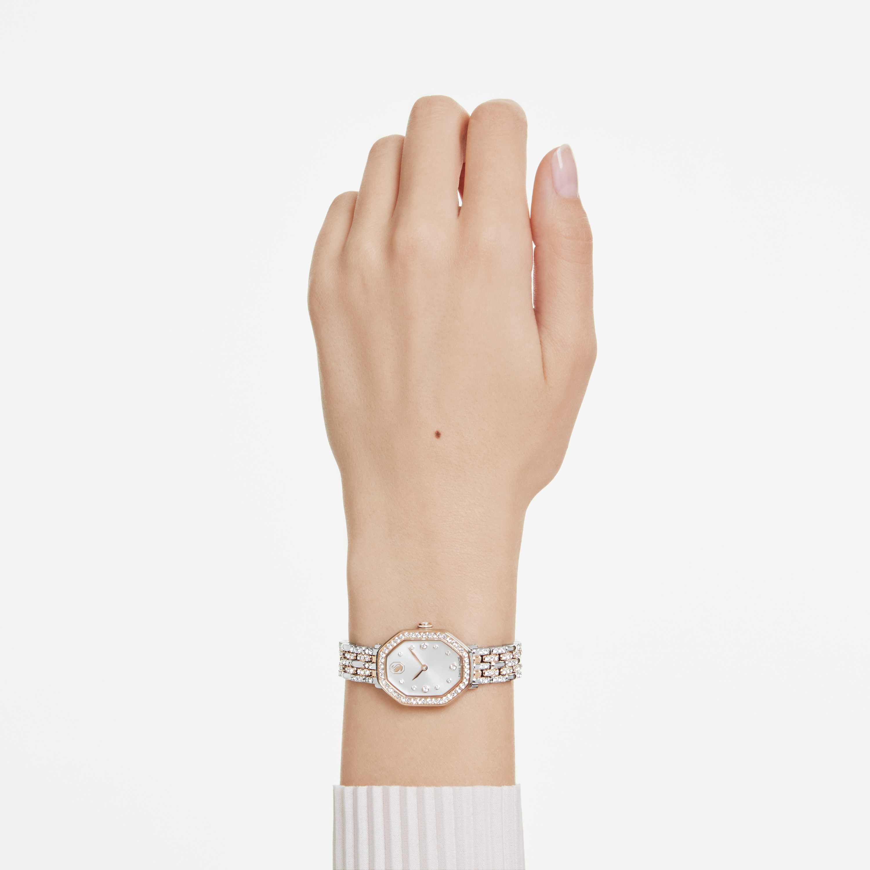 swarovski ساعة يد dextera octagon، صناعة سويسرية، سوار معدني، لون فضي، لمسة نهائية باللون الذهبي الوردي