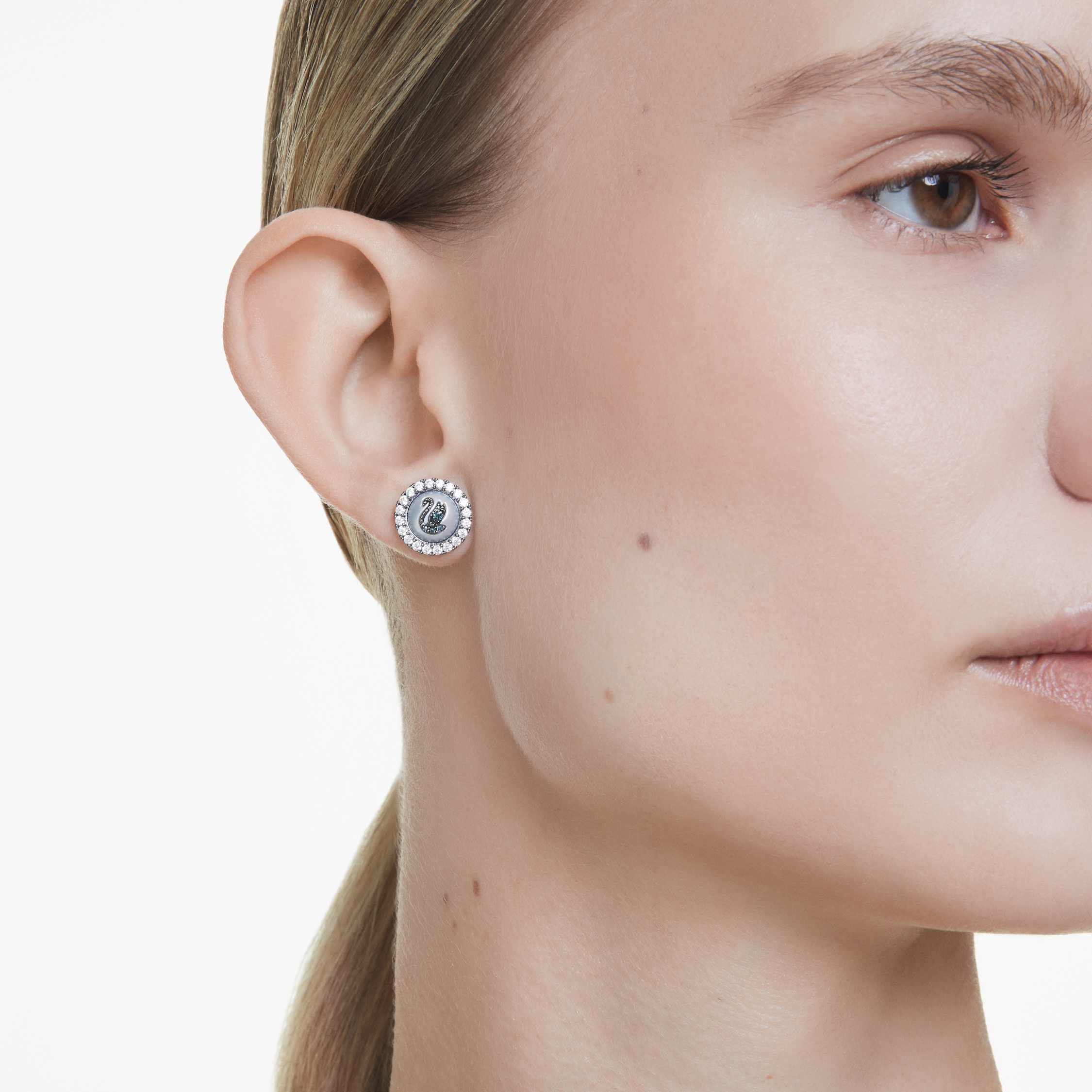 طقم swarovski swan، لؤلؤ كريستال، على شكل بجعة، لون رمادي، طلاء روديوم