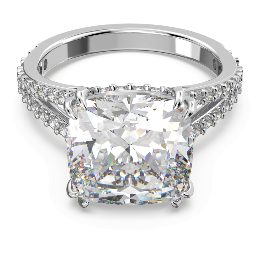 swarovski خاتم كوكتيل stilla، قطع مربع، كريستالات متراصة، لون أبيض، طلاء روديوم
