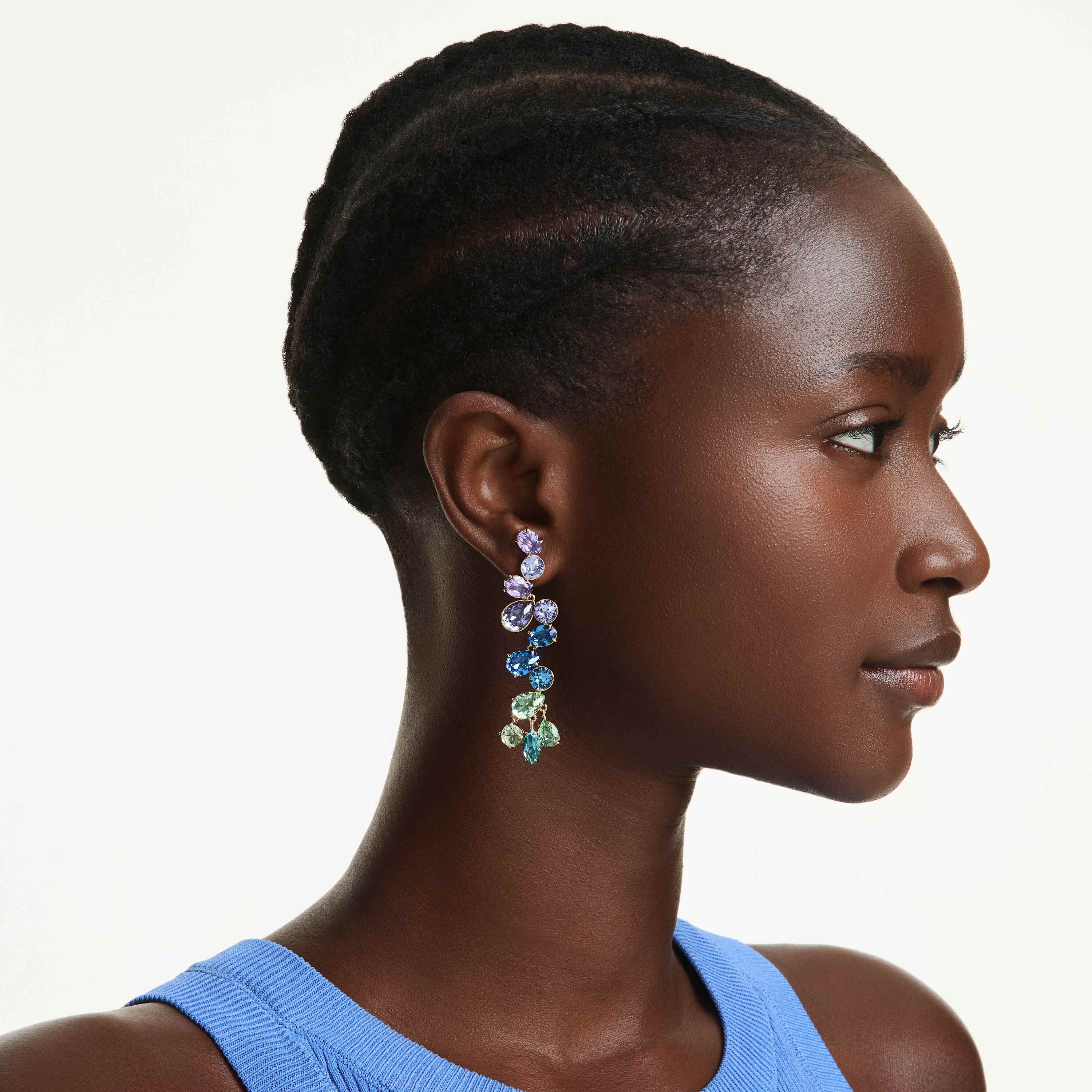 swarovski gema drop earrings  mixed cuts  chandelier  long  multicolored  gold tone plated