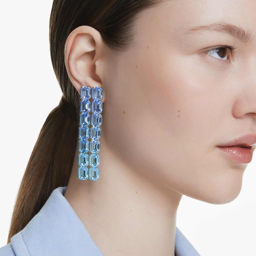 swarovski أقراط بمشبك millenia، قطع مثمن، لون متدرج، تصميم طويل، لون أزرق، طلاء روديوم