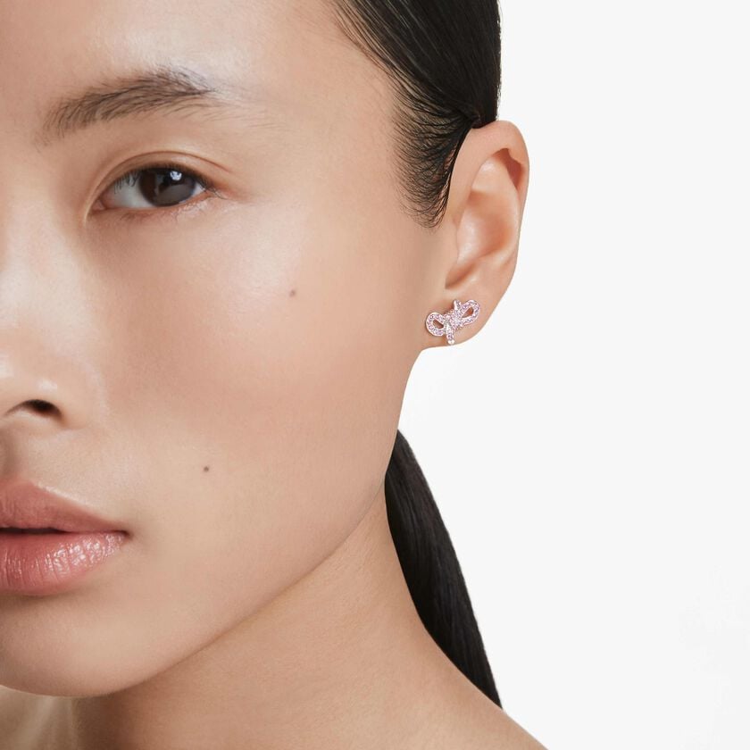 swarovski أقراط دبوسية lifelong bow، على شكل أنشوطة، لون وردي، طلاء روديوم