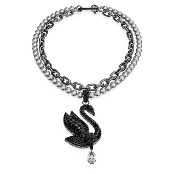 swarovski شوكر وبروش swan، لآلئ كريستال، شكل بجعة، لون أسود، طلاء روثينيوم