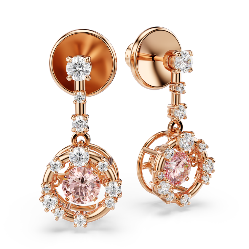 swarovski أقراط متدلية constella، قطع مستدير، حجر متراقص، لون وردي، طلاء باللون الذهبي الوردي