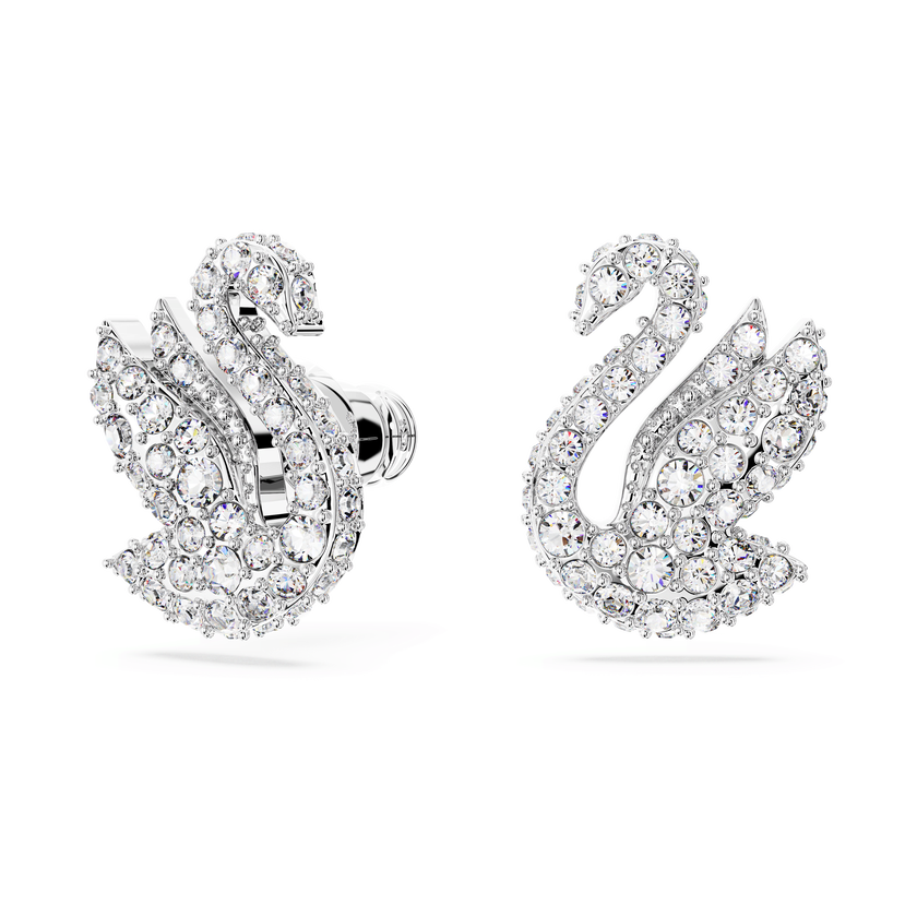 swarovski أقراط دبوسية swan، على شكل بجعة، لون أبيض، طلاء روديوم