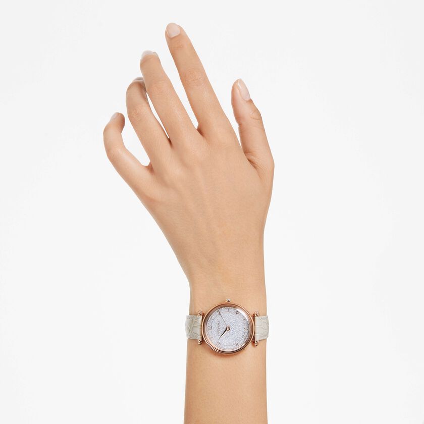 swarovski ساعة crystalline wonder، صناعة سويسرية، سوار جلد، لون بيج، لمسة نهائية بلون ذهبي وردي