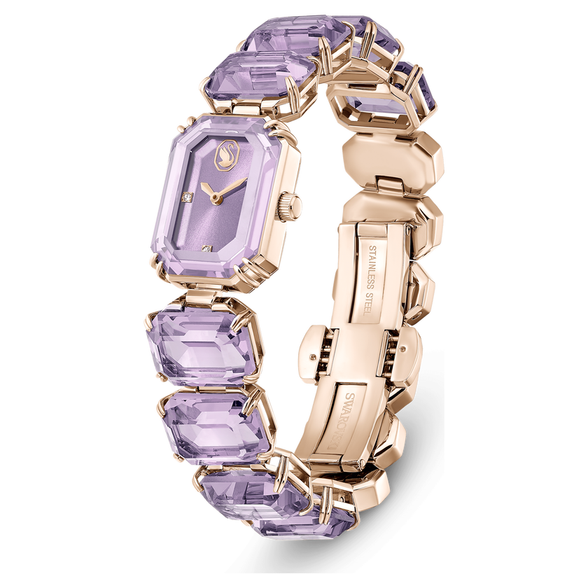 swarovski ساعة، سوار بقطع مثمن، لون أرجواني، لمسة نهائية بلون ذهبي شامبين
