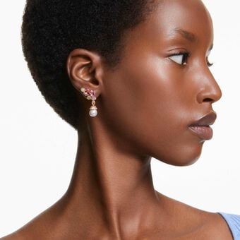 swarovski أقراط متدلية gema، قطع متنوع، لآلئ كريستال، شكل زهرة، لون وردي، طلاء بلون ذهبي