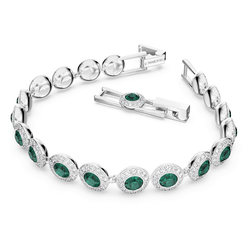 swarovski سوار تنس una angelic، قطع مستدير، كريستالات صغيرة متراصة، حجم متوسط، لون أخضر، طلاء روديوم