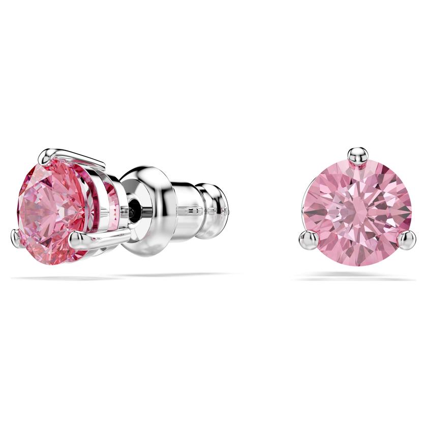 swarovski أقراط دبوسية solitaire، قطع مستدير، لون وردي، طلاء روديوم