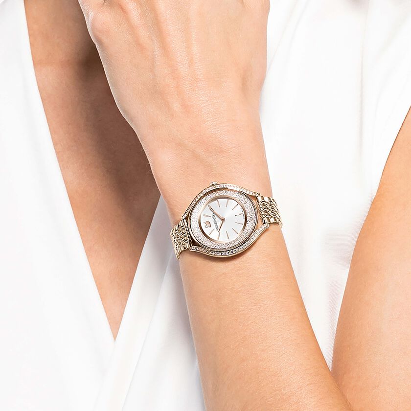 swarovski ساعة crystalline aura، صناعة سويسرية، سوار معدني، لون ذهبي، لمسة نهائية بلون ذهبي شامبين