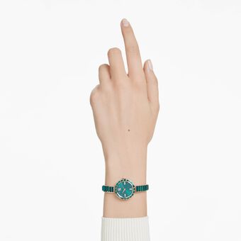 swarovski ساعة سوار matrix، صناعة سويسرية، سوار مرصع بالكريستال، لون أخضر، لمسة نهائية بلون الشامبانيا الذهبي