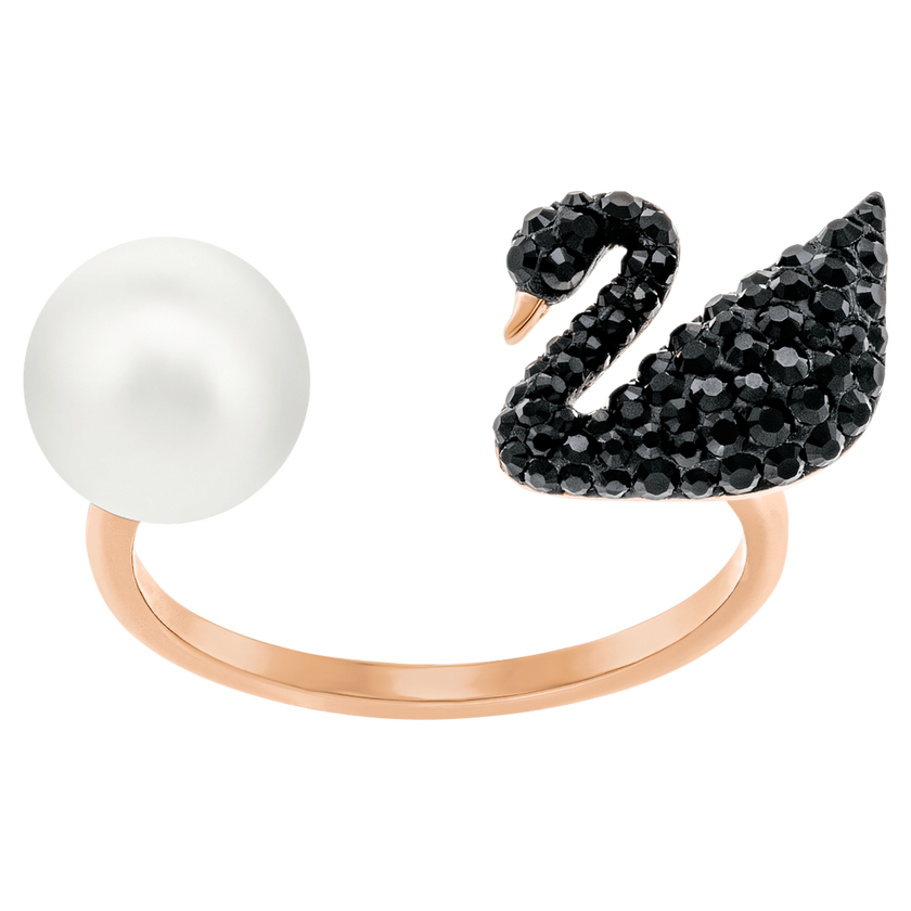 swarovski خاتم iconic swan المفتوح ، أسود، بطلاء من اللون الذهبي الوردى