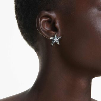 swarovski أقراط دبوسية idyllia، شكل نجمة بحر، حجم صغير، لون أزرق، طلاء بلون ذهبي