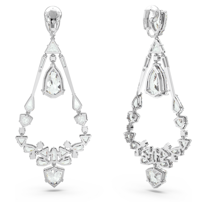 swarovski أقراط بمشبك mesmera، قطع متنوع، على شكل ثريا، طويلة، لون أبيض، طلاء روديوم