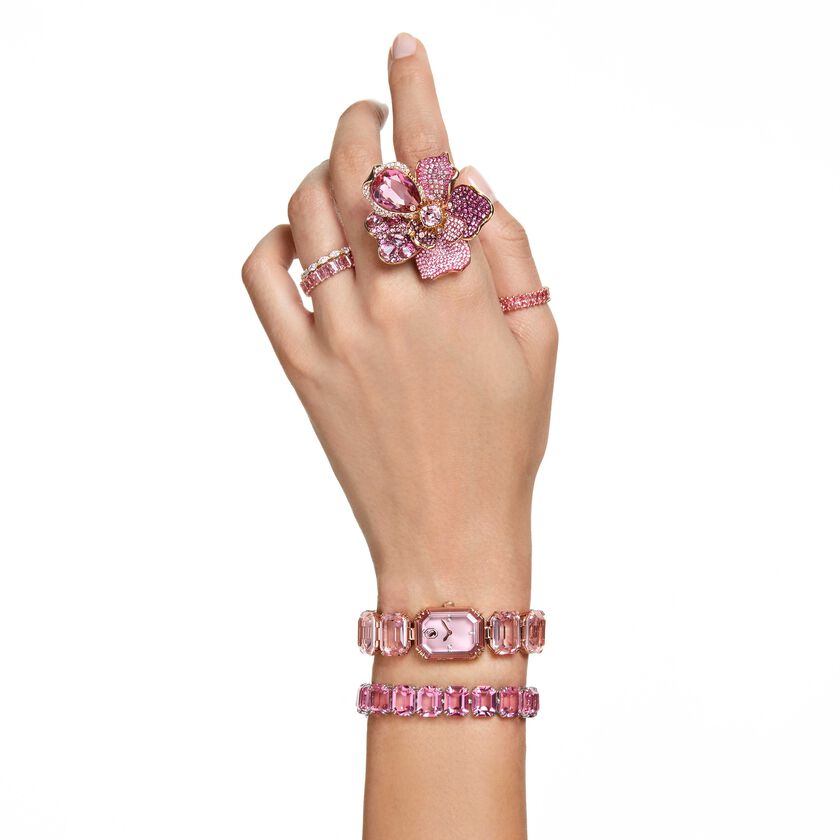 swarovski خاتم كوكتيل idyllia، كريستالات متراصة، على شكل زهرة، لون وردي، طلاء بلون ذهبي