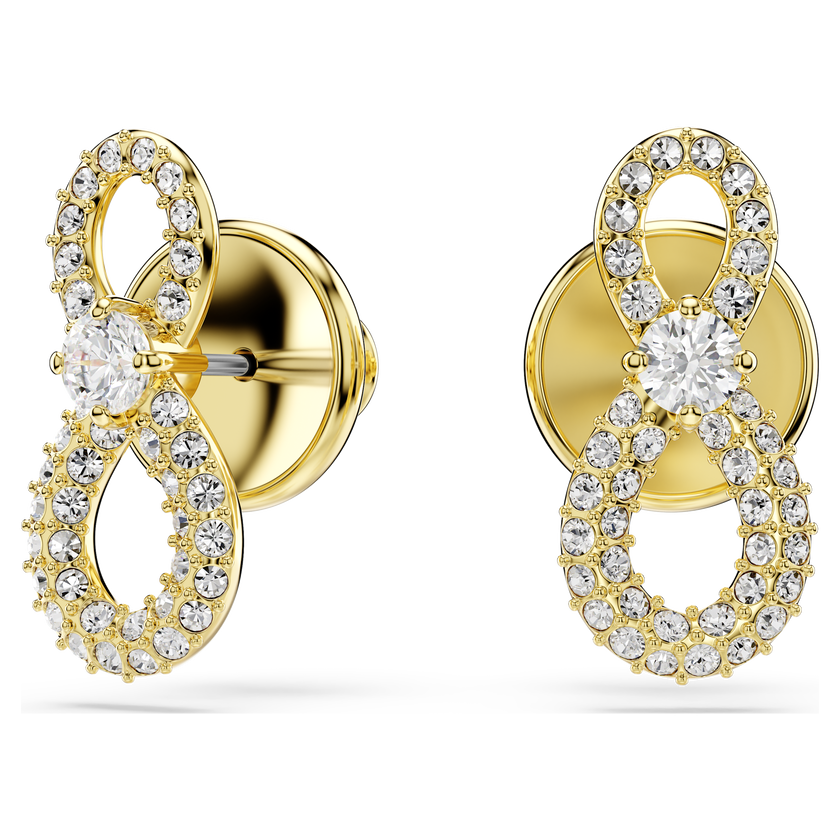 swarovski أقراط دبوسية hyperbola، قطع مُستدير، ترصيع بافيه، شكل لا نهاية، لون أبيض، لمسة نهائية من الذهب عيار 18 قيراط