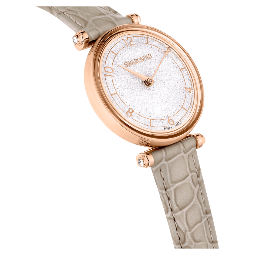 swarovski ساعة crystalline wonder، صناعة سويسرية، سوار جلد، لون بيج، لمسة نهائية بلون ذهبي وردي