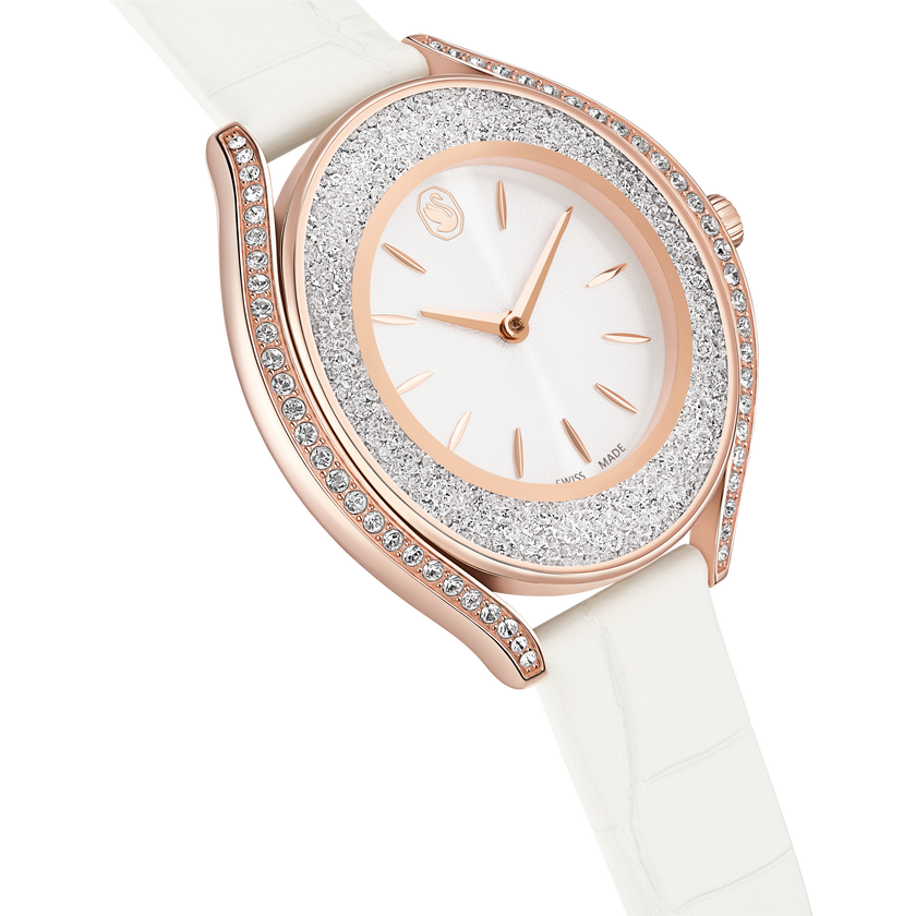 swarovski ساعة crystalline aura، صناعة سويسرية، سوار جلد، لون أبيض، لمسة نهائية باللون الذهبي الوردي