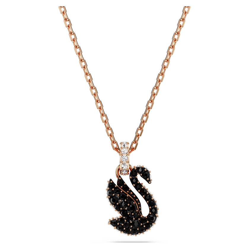 swarovski قلادة swan، على شكل بجعة، حجم صغير، لون أسود، طلاء بلون ذهبي وردي